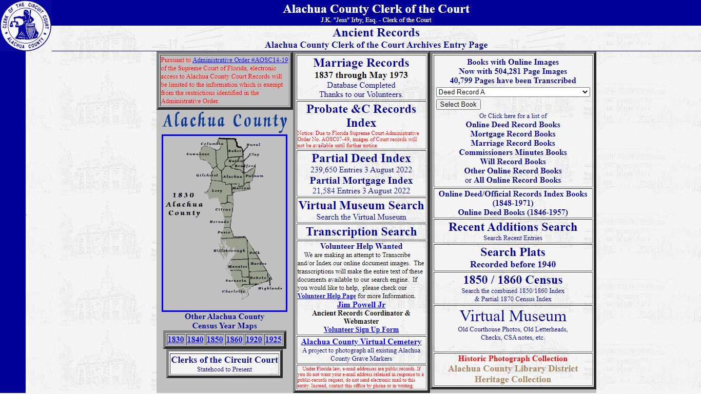 Alachua County Clerk of the Court Archives Entry Page